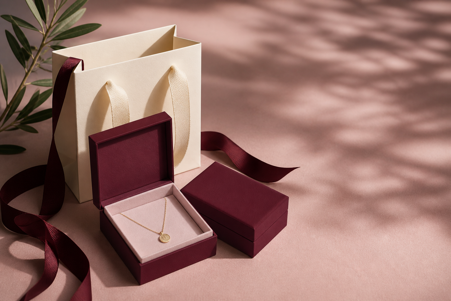 Empaque de regalo en borgoña, rosa y crema con collar dorado